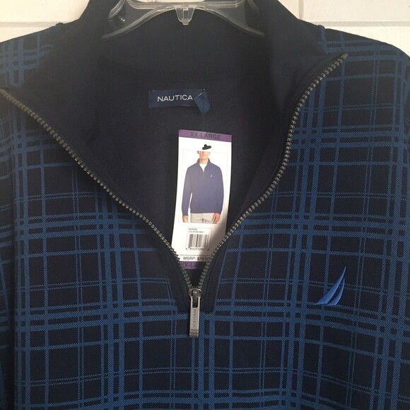 Nautica Mens Sweatshirt XXL Navy Blue Pullover 1/4 Zipper Mock Neck Plaid NWT - Picture 4 of 6